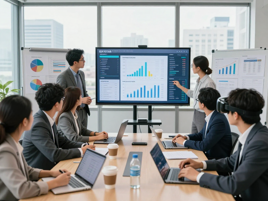 Team collaborating on IDXSTAR data analysis in a modern office setting, showcasing innovation and teamwork.