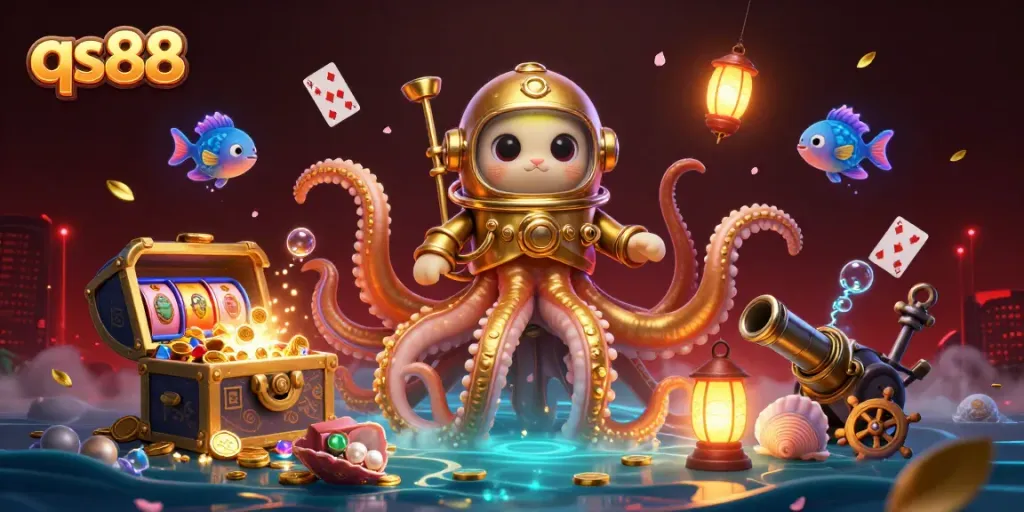 Engage with the thrilling world of qs88, featuring a kraken and diving cat amidst treasure and vibrant slots.