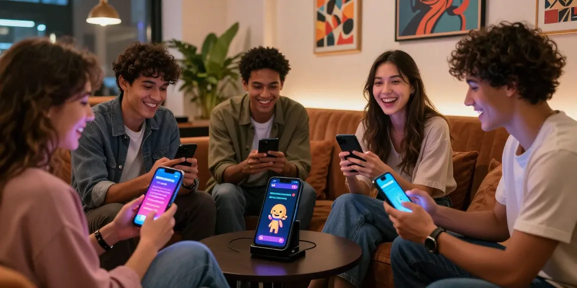 Diverse friends enjoying interactive sex chat ai conversations on smartphones in a vibrant urban lounge.