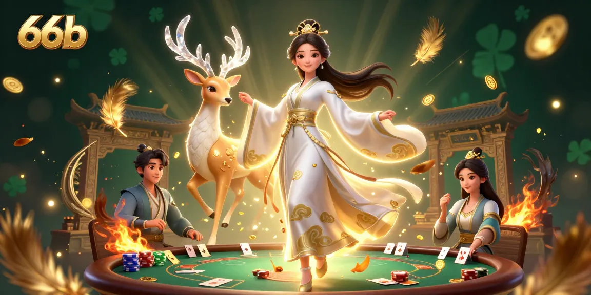 Experience excitement with 66b in a vibrant casino scene featuring a floating Asian woman and poker elements.