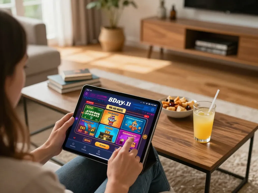 Engaged user exploring the 8Day casino app on tablet in a cozy home setup, highlighting mobile gaming excitement.