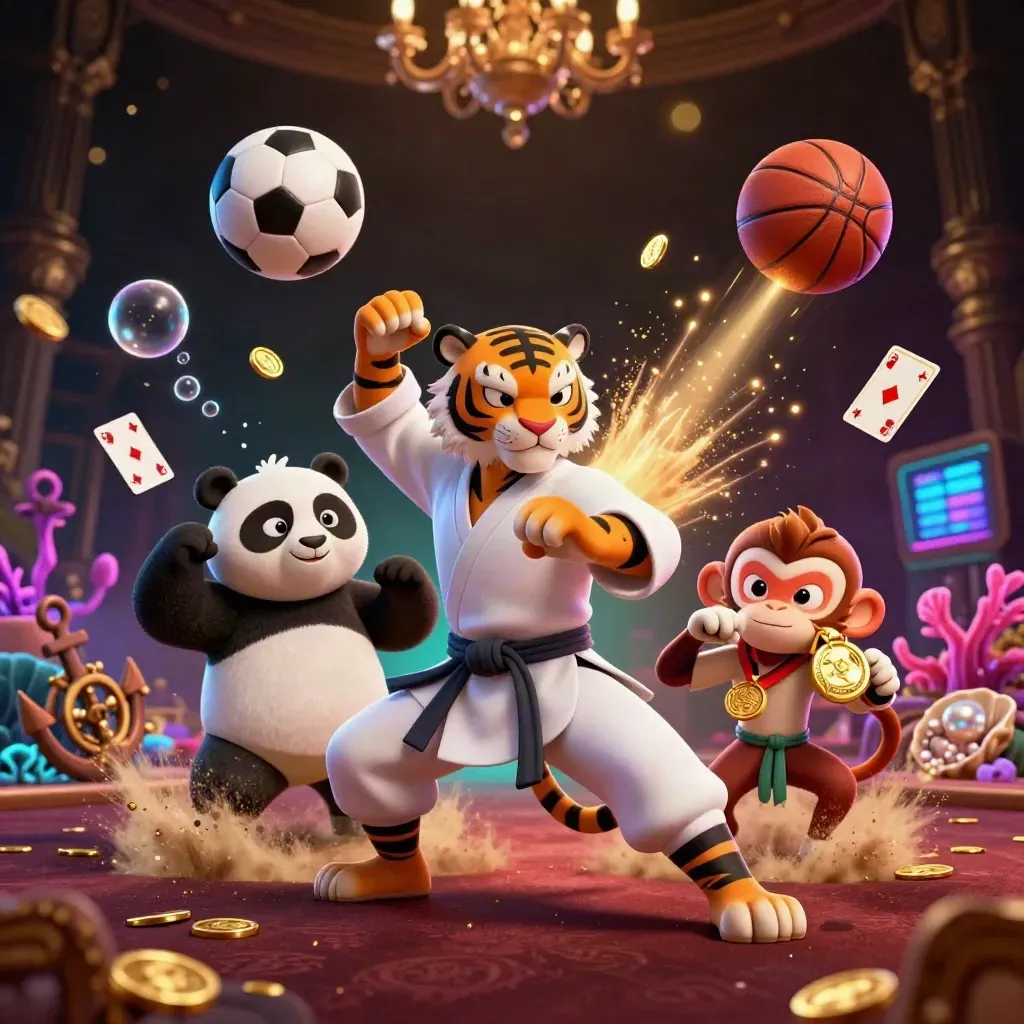 Kung-fu tiger, panda and monkey amid coins, coral, soccer ball and casino glam