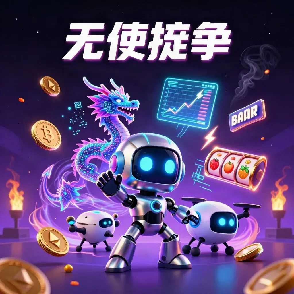 Cyberpunk robot, holographic dragon and drone amid coins, lightning and neon casino energy.