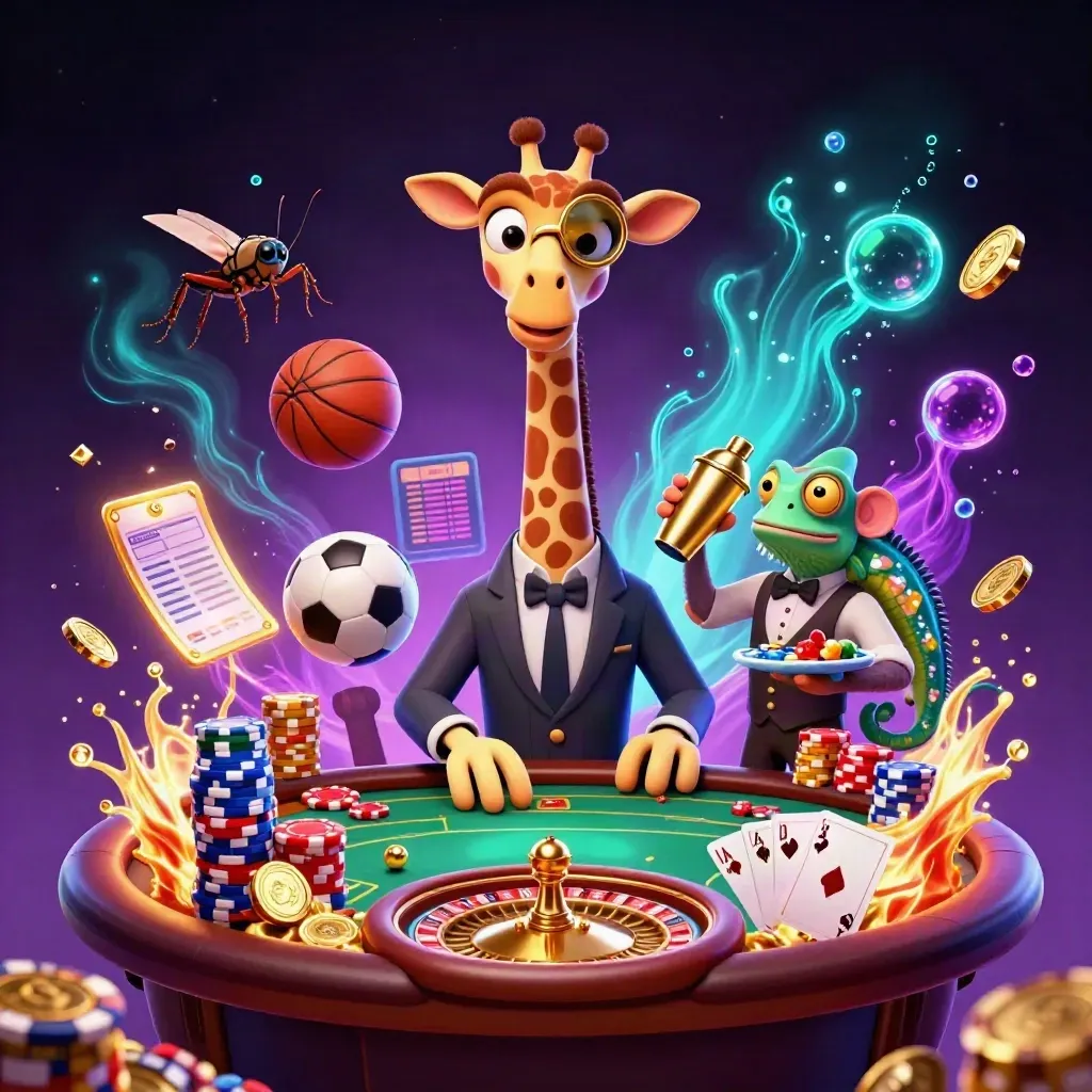 Giraffe, monkey, and chameleon in a neon casino splash with sports balls and flying chips.