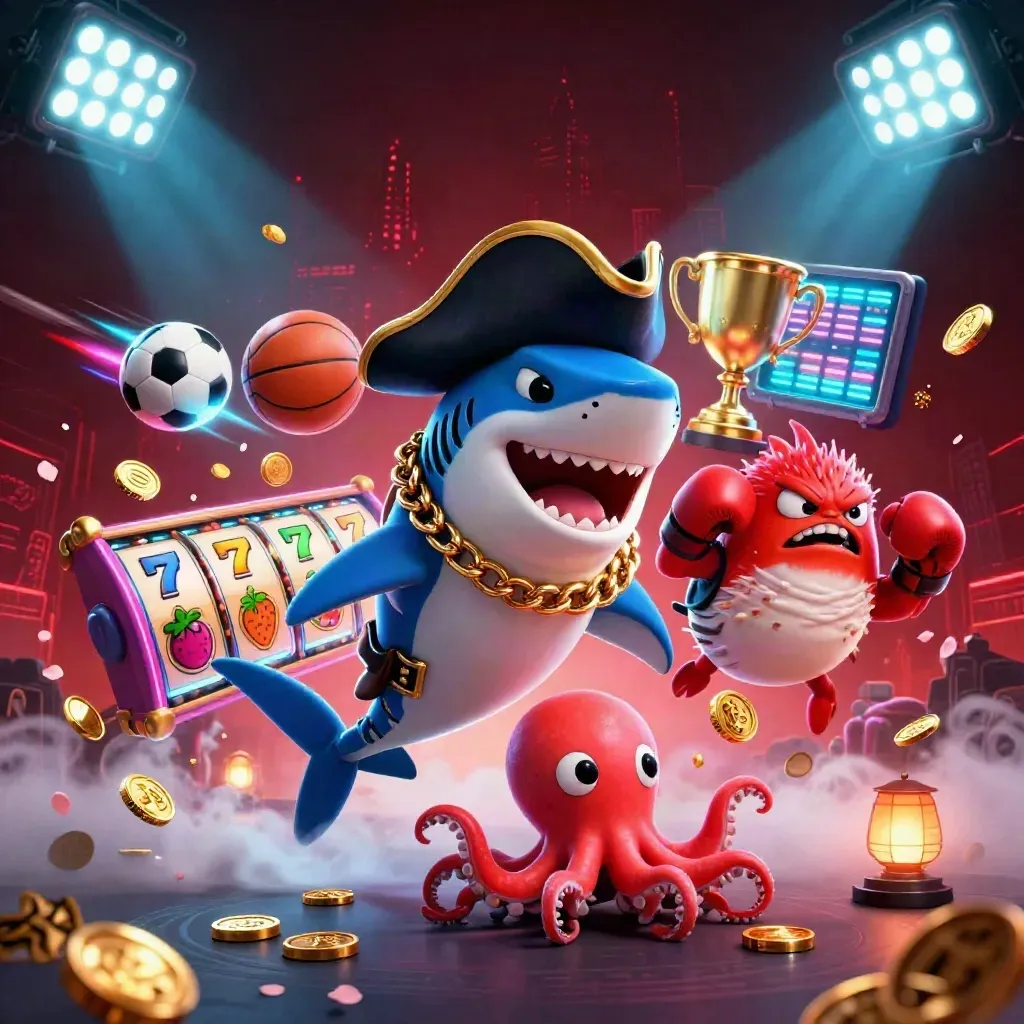 Pirate shark, boxing pufferfish, and juggling octopus amid neon casino chaos and coin bursts