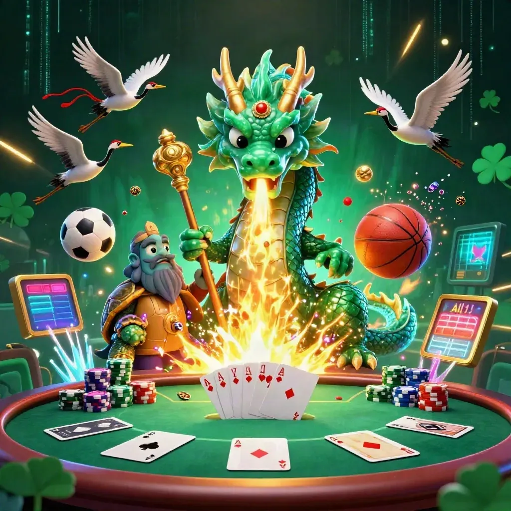 Emerald dragon, turtle sage, and cranes amid casino chips, fire, and flying sports balls.