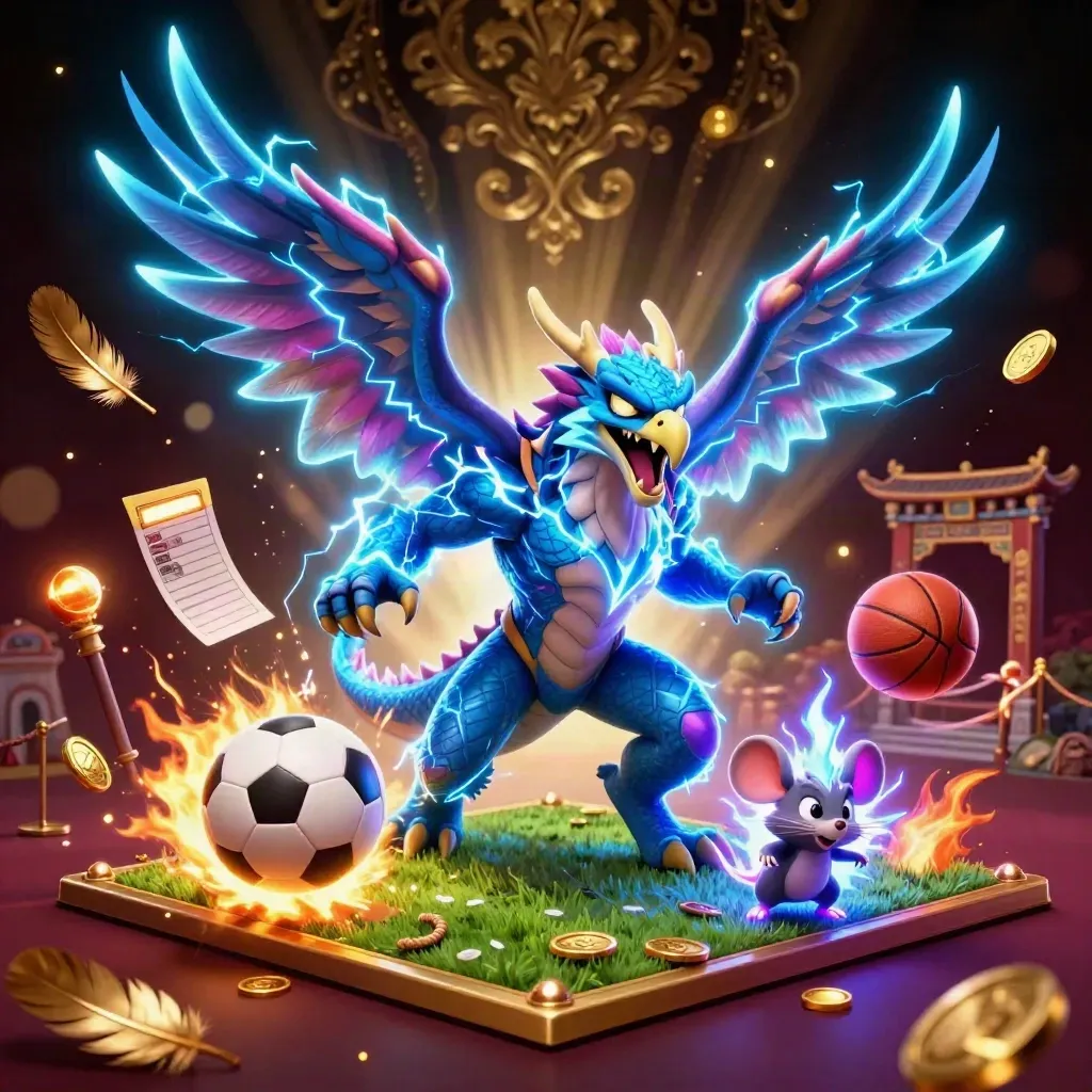 Thunder dragon, wind hawk and crackling mouse burst through neon sports icons in a casino fantasy scene