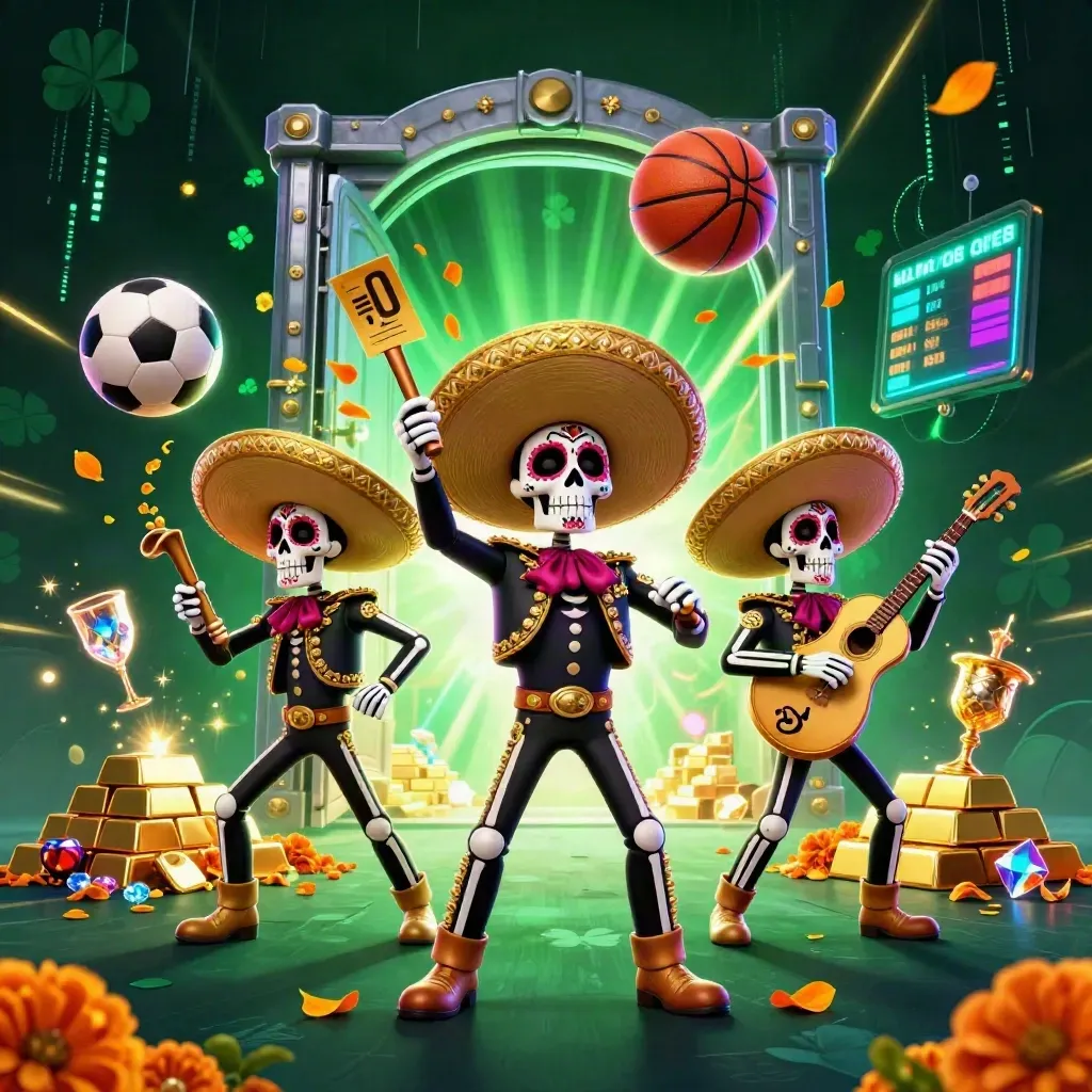 Skeleton mariachi trio, vault blast, flying sports balls, gold, neon casino glow