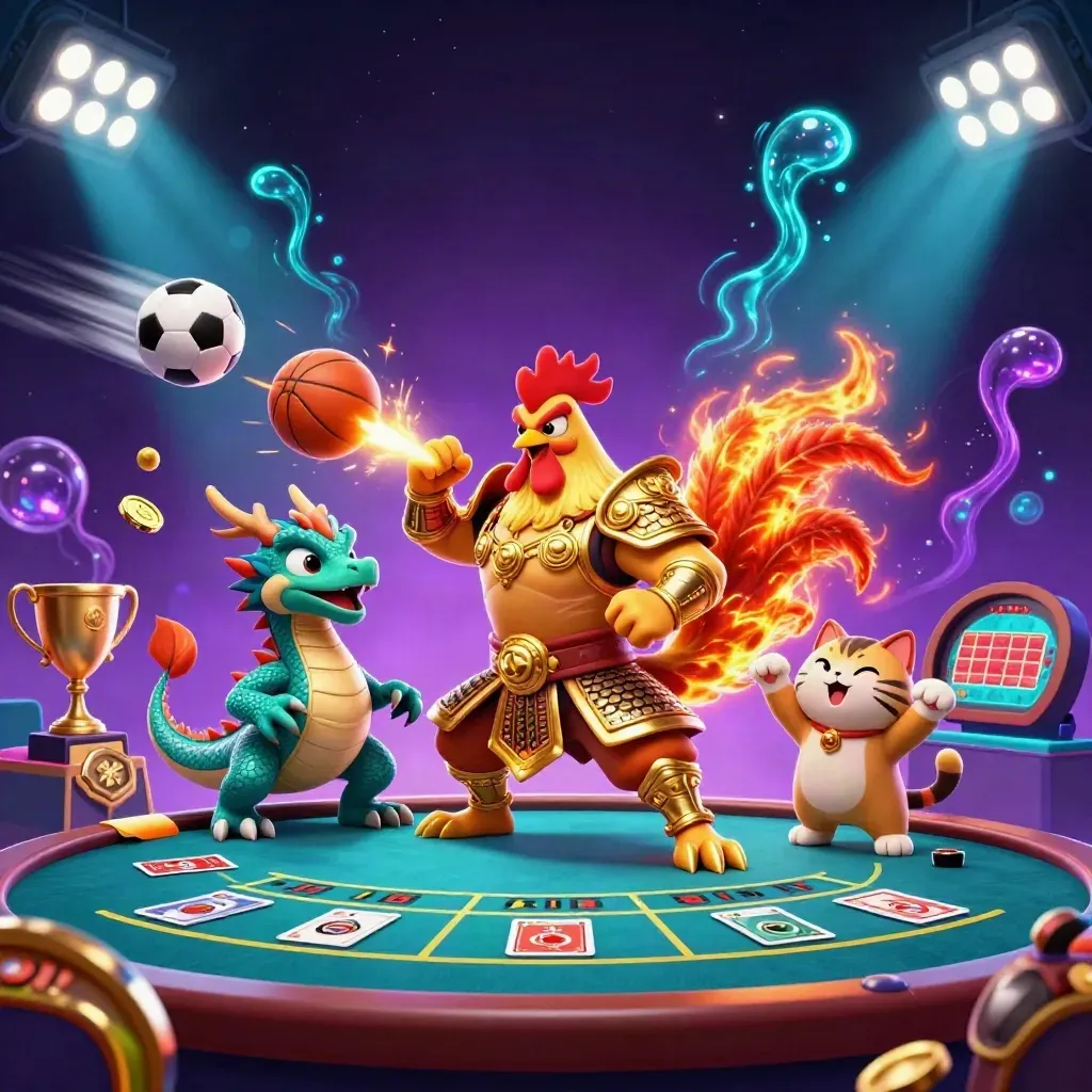 Rooster warrior, dragon hatchling, and cheering fortune cat amid casino lights, coins, balls, and a spinning roulette wheel.