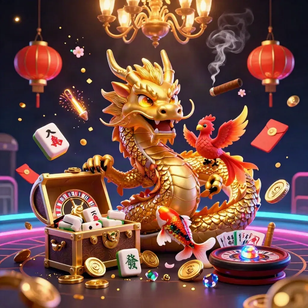 Golden dragon with phoenix and koi amid casino treasures, neon-lit and cinematic