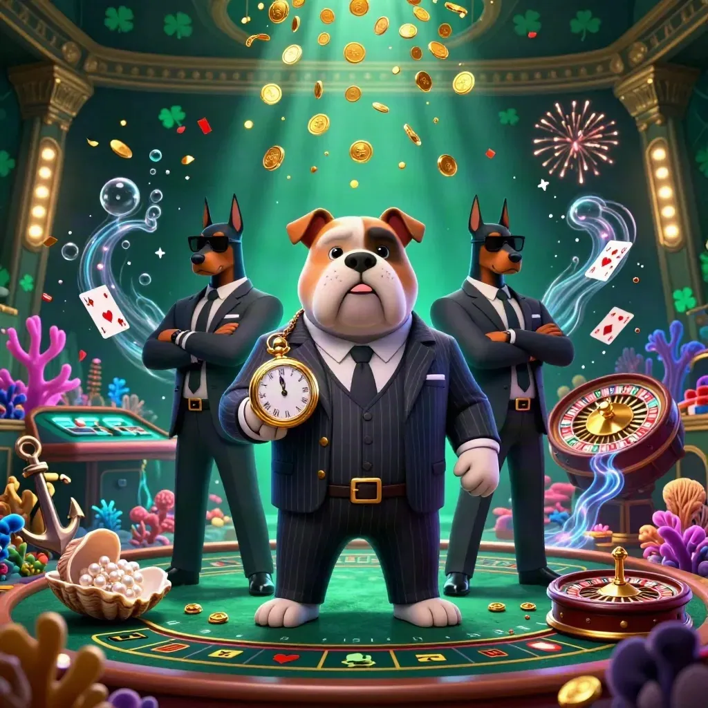 Bulldog mafia boss and Doberman guards in a neon treasure-casino cove with coins, coral, and fireworks