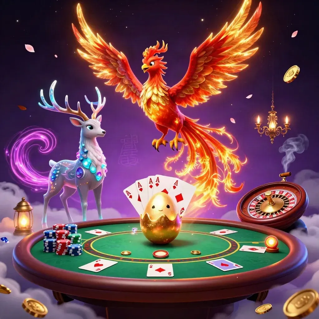 Phoenix, baby phoenix, and stag in a neon casino with cards, chips, and glowing magic.