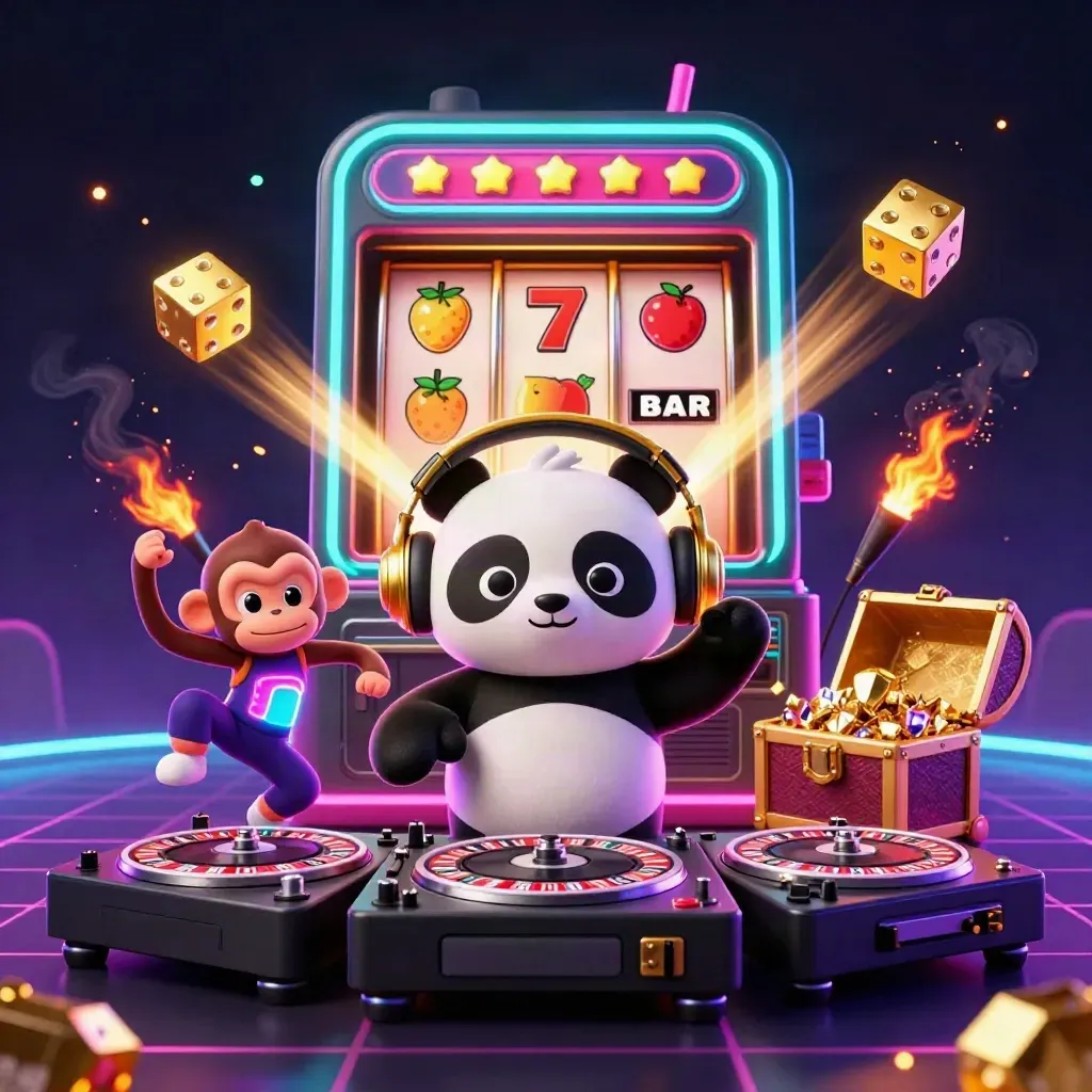 DJ panda, monkey, and kitten amid exploding slot machine, gold, and neon lights.