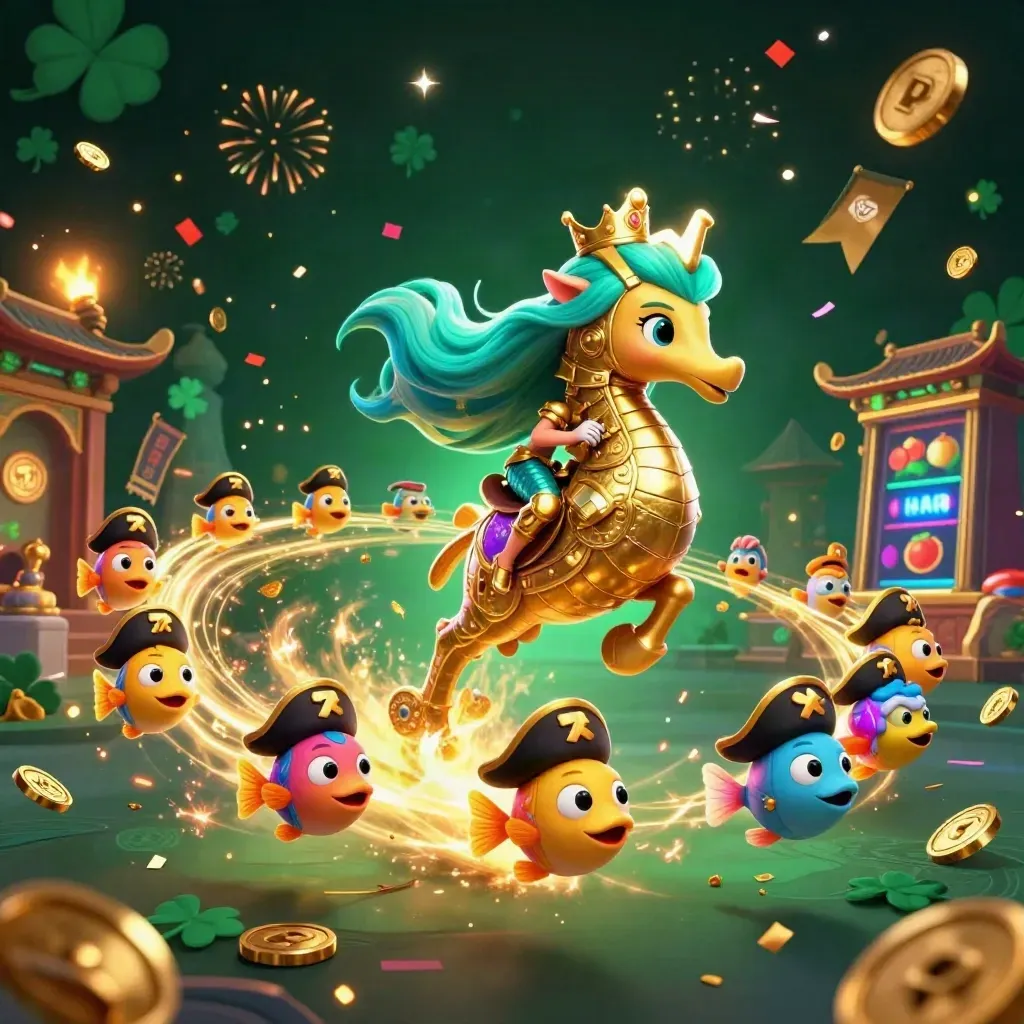 Mermaid princess on a golden seahorse amid pirate fish, coins, fireworks, neon casino glow.