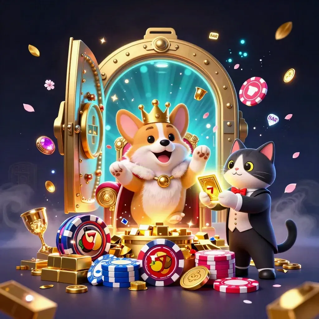 Royal corgi king and cat butler amid vault gold, gems, and casino magic.