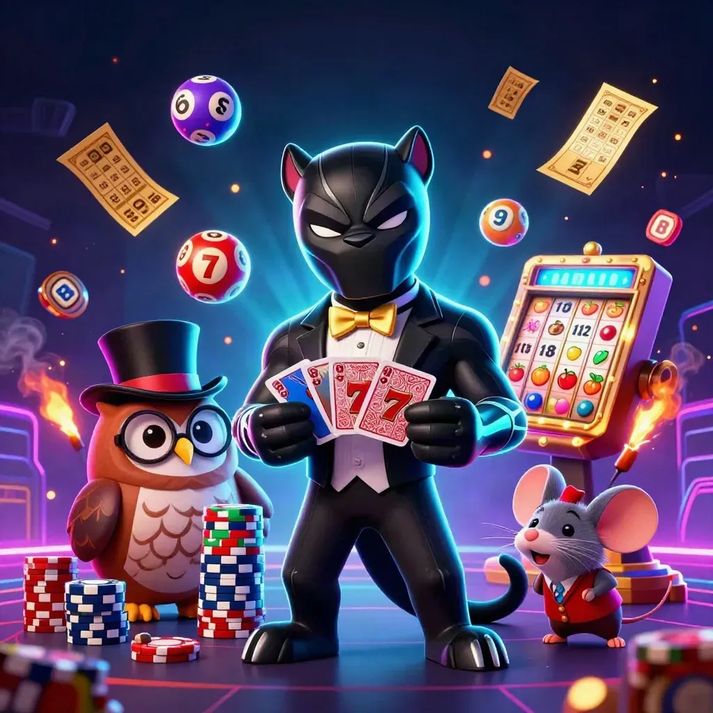 Panther, owl, and mouse in a neon casino splash with chips, cards, wheels, and glowing effects.
