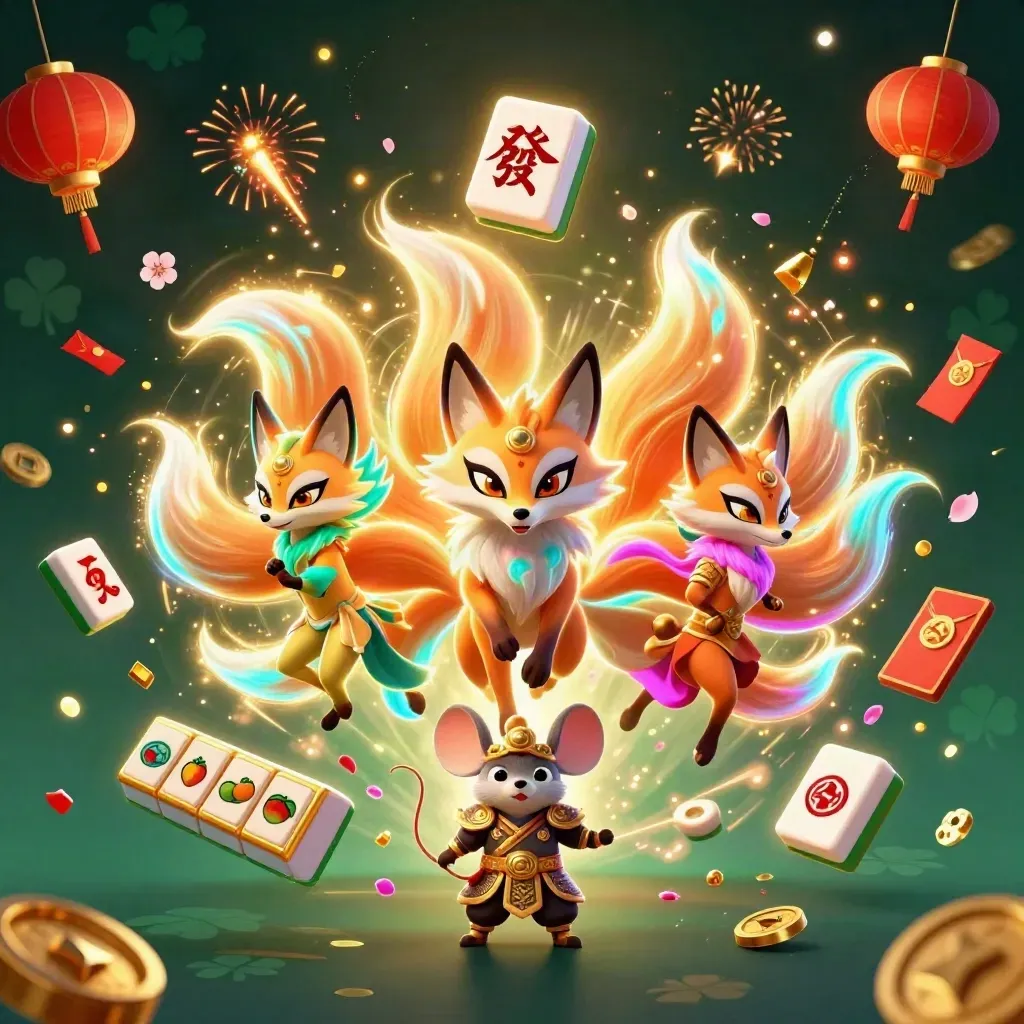 Fox spirit and armored mouse amid gold, gems, lanterns, and fireworks in a neon casino scene.