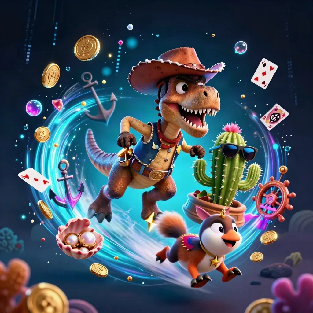 Cowboy T-Rex, cactus sidekick, and roadrunner burst through a neon underwater treasure cove.
