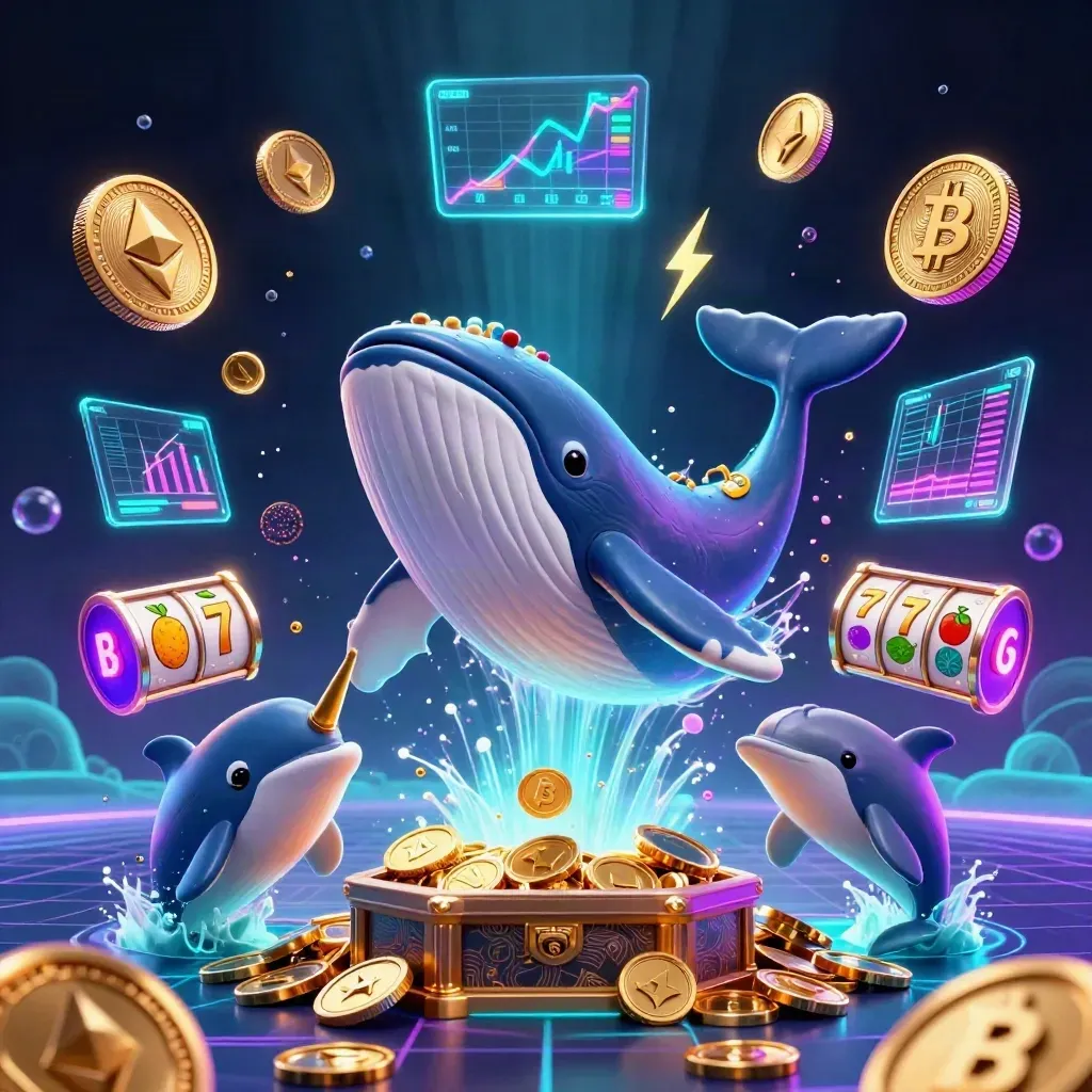 Captain whale, narwhal, and dolphins burst from coins with neon crypto effects and fireworks.