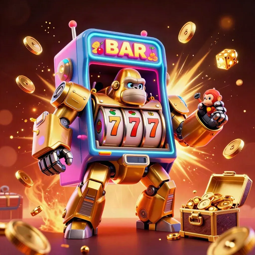 Golden gorilla mech bursts from a slot vault with coins, reels, dice, and fireworks in neon casino glow.