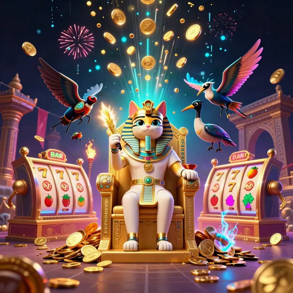 Pharaoh cat, ibis scribe, and gem-winged scarabs amid coins, neon energy, and casino treasure.