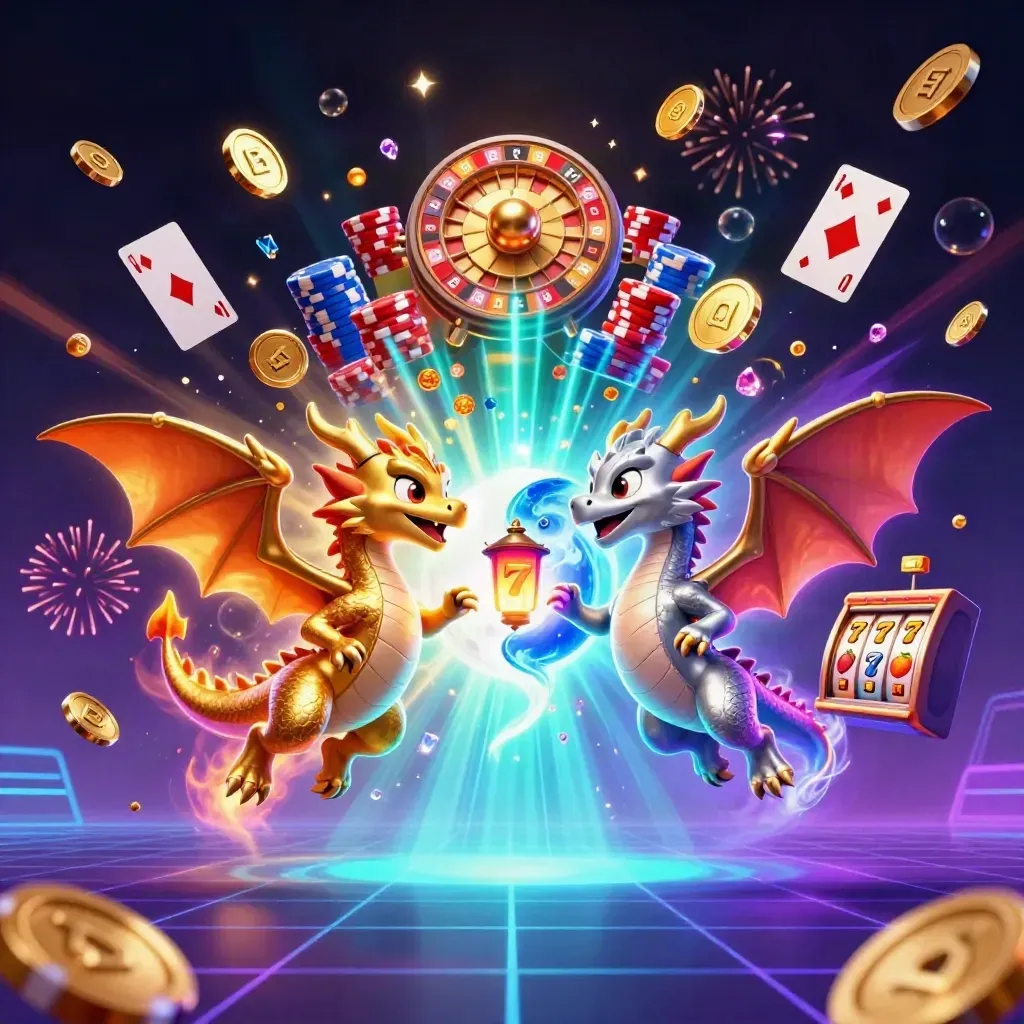 Gold and silver dragons swirl with coins, gems, roulette, chips, reels and fireworks in neon vault light