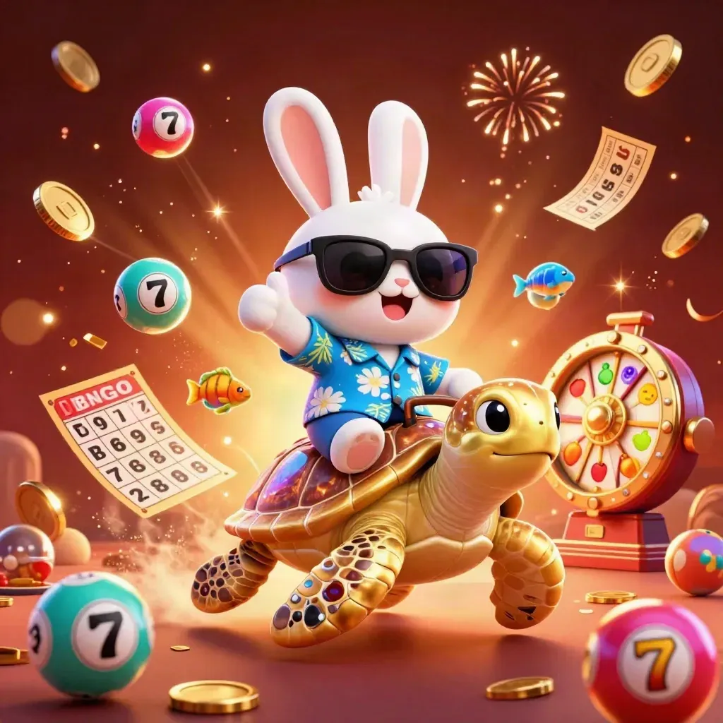 Lucky rabbit rides golden turtle amid casino bursts, coins, reels, and fireworks in neon glow.