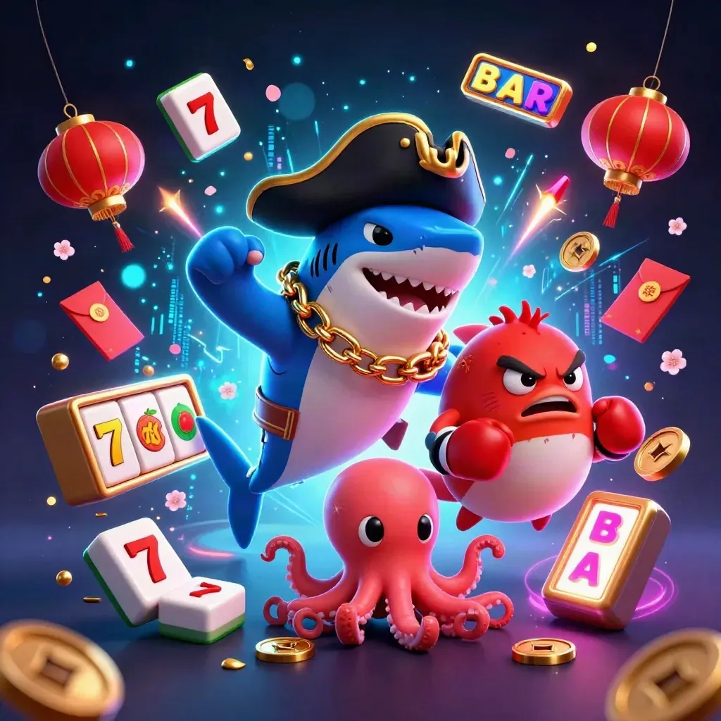 Shark pirate, boxing pufferfish, and juggling octopus amid casino tiles, coins, lanterns, and neon effects.
