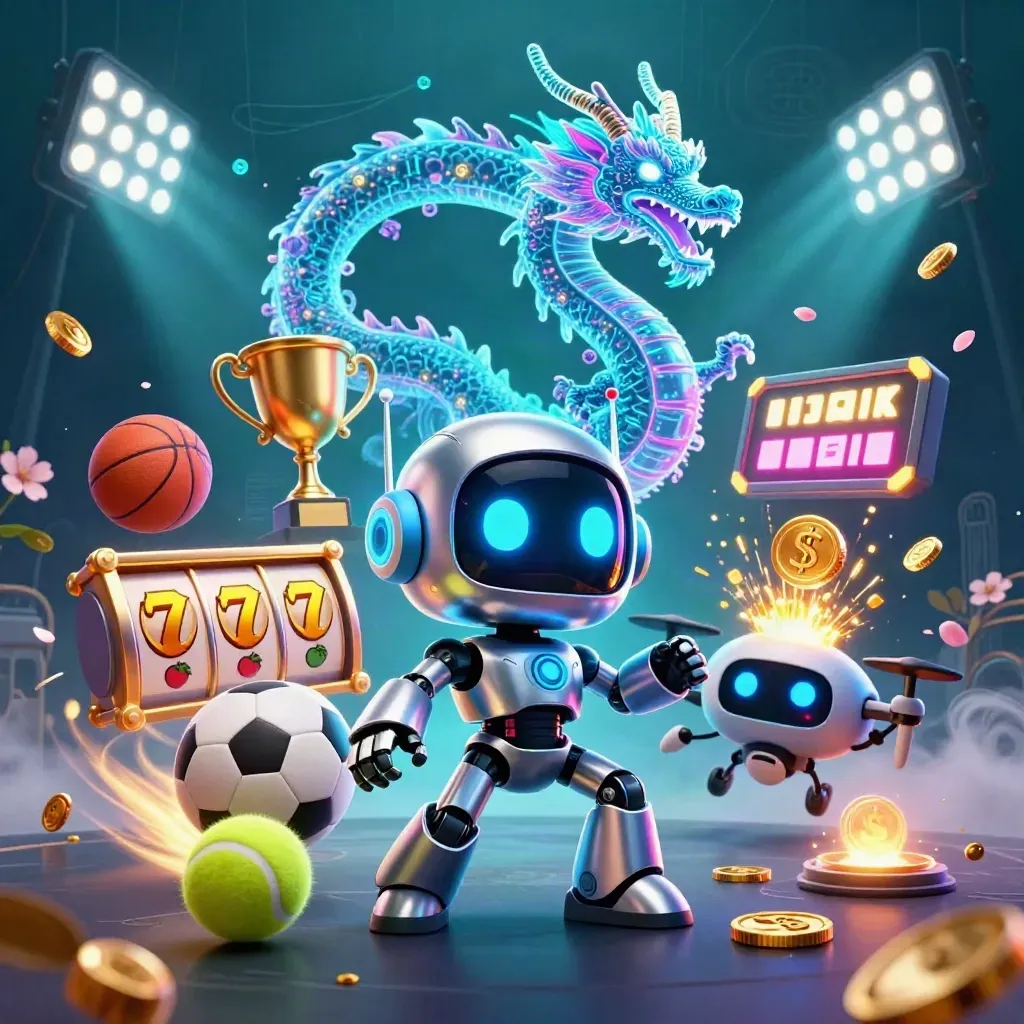 Chrome robot, holographic dragon and coin drone amid casino sparks, balls and reels