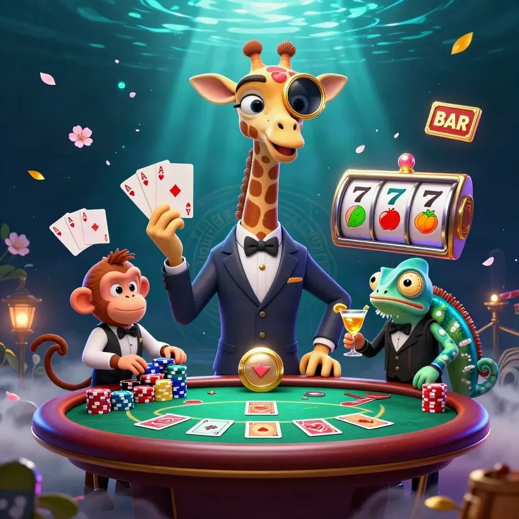 Giraffe high roller, monkey valet, and chameleon bartender at a glowing poker table
