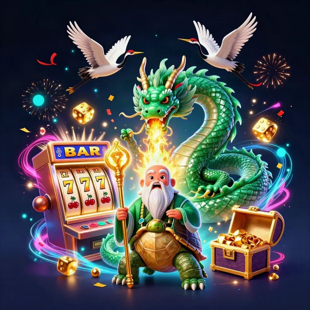 Emerald dragon, turtle sage, and cranes amid slot symbols, gold fire, and neon casino effects.
