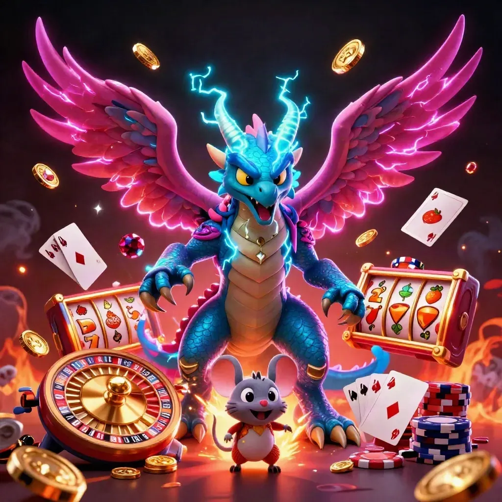 Thunder dragon, hawk and mouse amid casino sparks, coins, reels and chips in neon arcade glow.