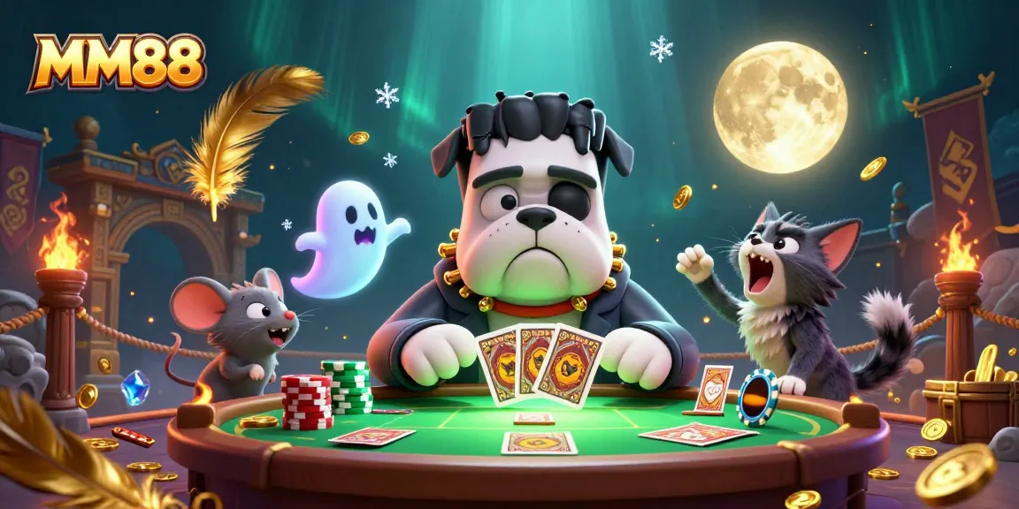MM88's cartoon creature deals cards at a spooky table, surrounded by gold coins and vibrant gaming elements.