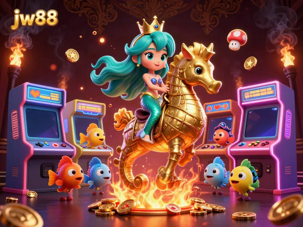Experience exciting gaming with jw88 as a mermaid princess rides a golden seahorse amid dazzling casino elements.