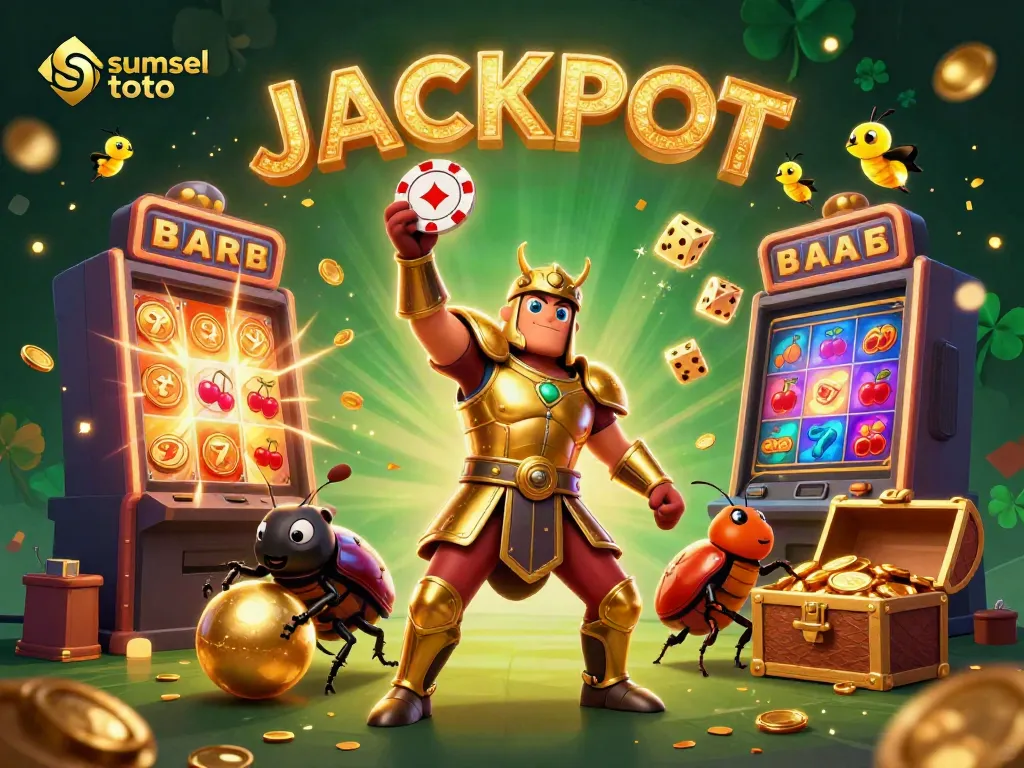 Experience the excitement of sumsel toto with a cartoon beetle victoriously raising a poker chip amidst a jackpot scene.