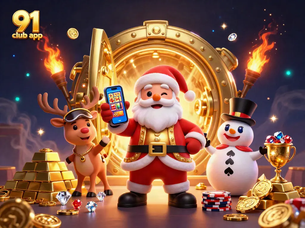 Engage with the 91 club app through vibrant casino action scenes featuring festive characters.