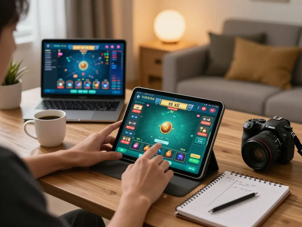 Experience the excitement of tài xỉu online with engaging gameplay on a tablet in a cozy home setting.