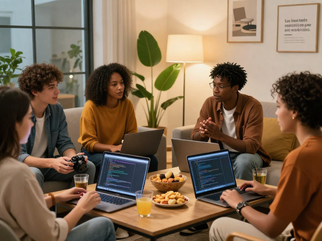 AI +18 discussion among friends in a cozy living room setting, showcasing innovative technology.