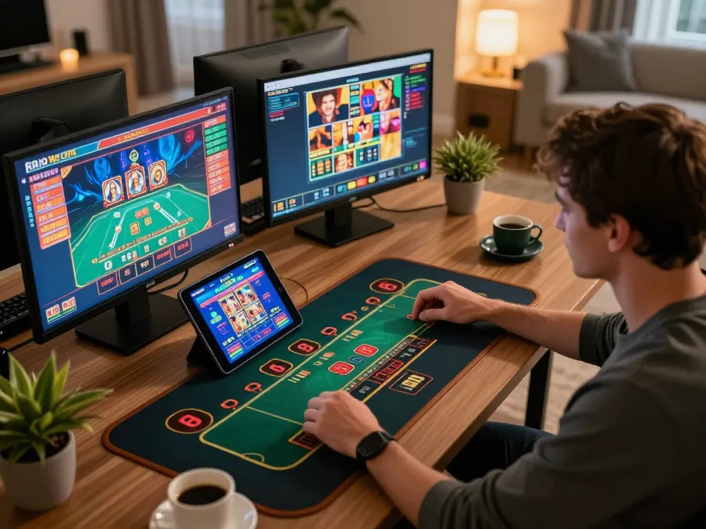 TX88 online casino gameplay with a player engaged in blackjack on multiple screens, showcasing vibrant graphics and strategic atmosphere