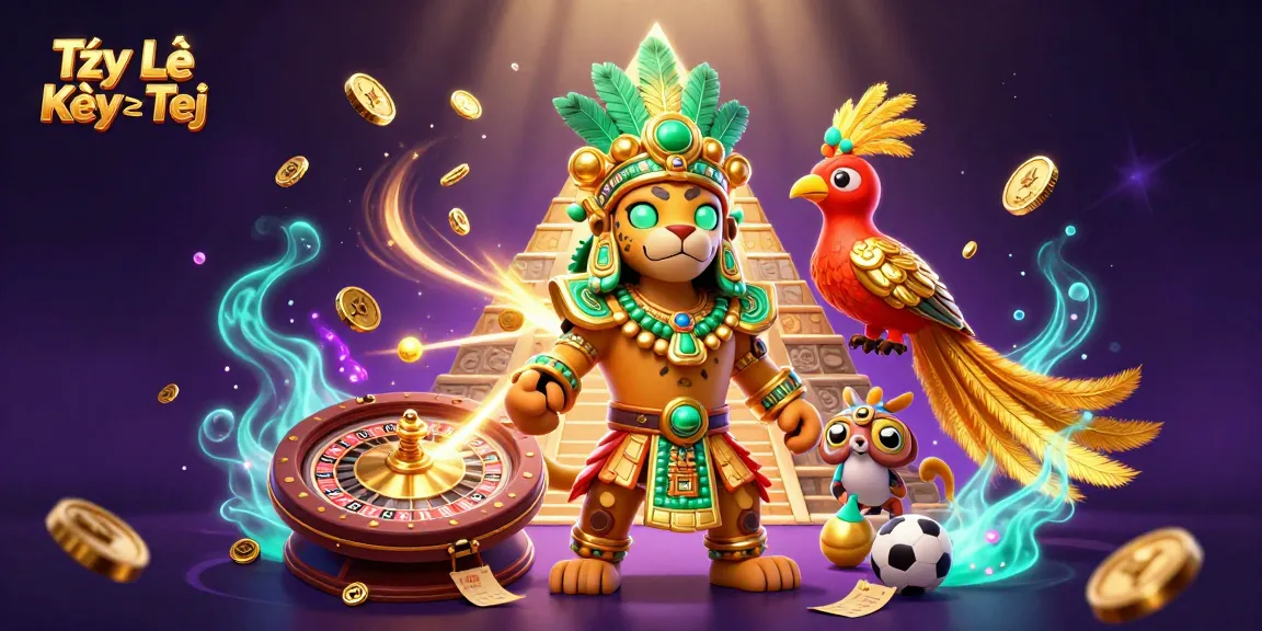 Tỷ Lệ Kèo Trực Tiếp showcases sports betting excitement with a Mayan jaguar priest and a quetzal bird amidst dynamic action elements.