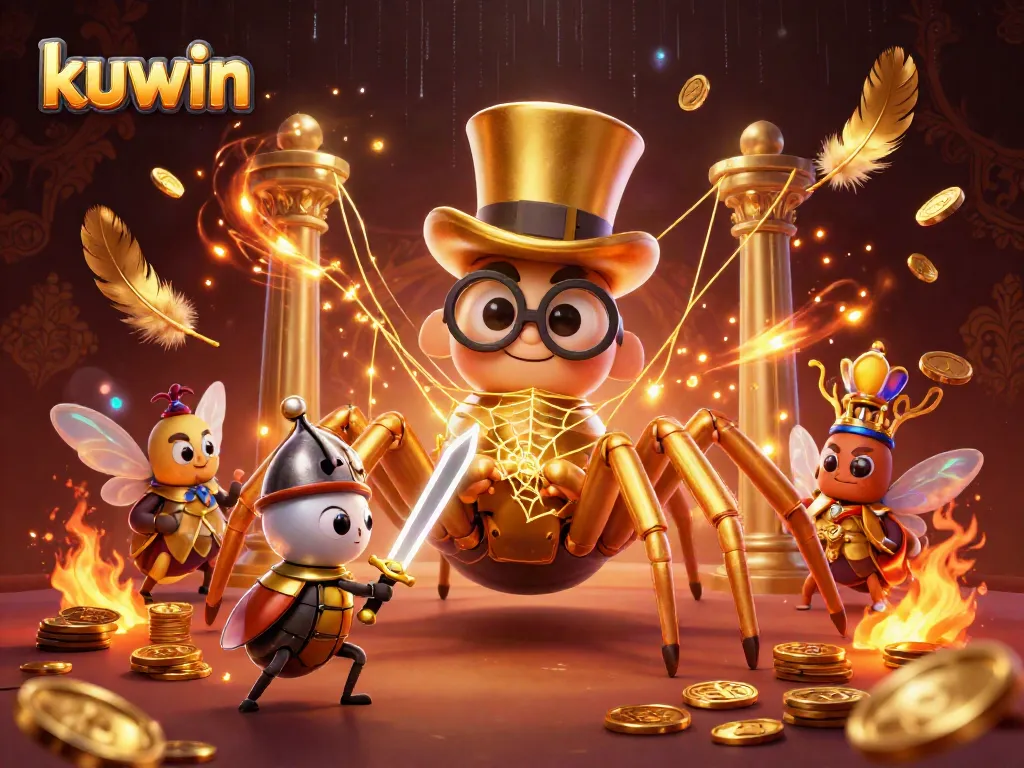 Kuwin offers thrilling gaming experiences with a 3D dynamic scene featuring a giant tarantula and brave beetle knight in a casino.