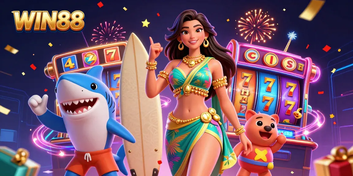 Experience the thrill of WIN88 with a vibrant scene featuring a beach goddess and a cartoon surfer shark amidst colorful slot elements.