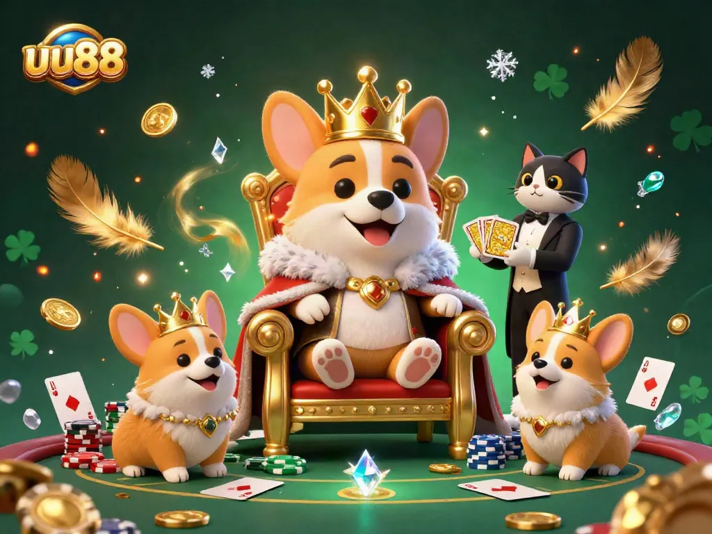 Engage in thrilling gaming action at uu88 with a royal corgi casino scene featuring poker elements.