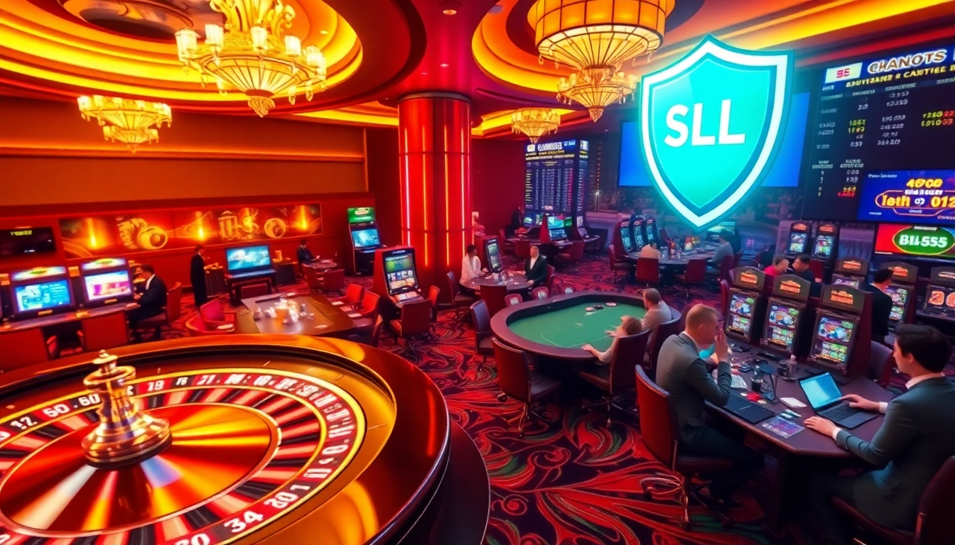 Experience the excitement of BL555 with vibrant casino elements including roulette, poker tables, and slot machines.