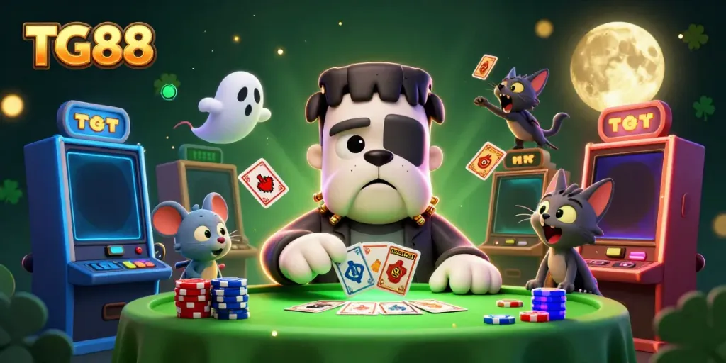 TG88 offers a spooky casino scene with a Frankenstein bulldog dealer showcasing vibrant slot elements.