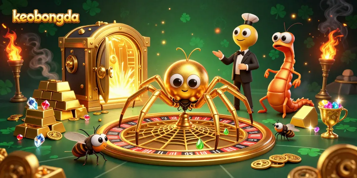 Experience thrilling betting with keobongda, featuring a golden spider and centipede croupier in a dynamic casino scene.