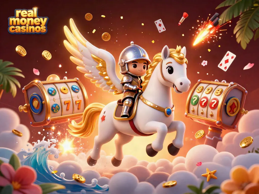 Experience exciting real money casinos with vibrant cartoon characters riding a celestial horse amidst cascading slot reels and firework effects.