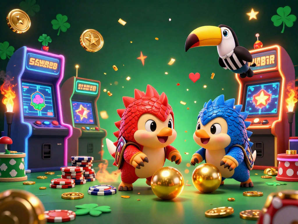 Play exciting games at SAWA888 with animated pangolins bowling through poker chips amidst vibrant arcade elements.