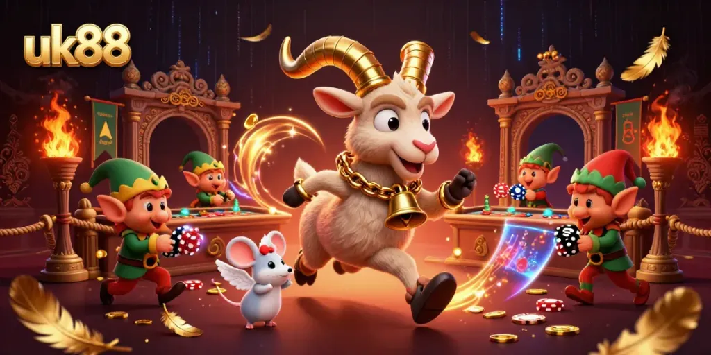 Engage with uk88 in a lively casino scene featuring playful characters and rich gaming elements.