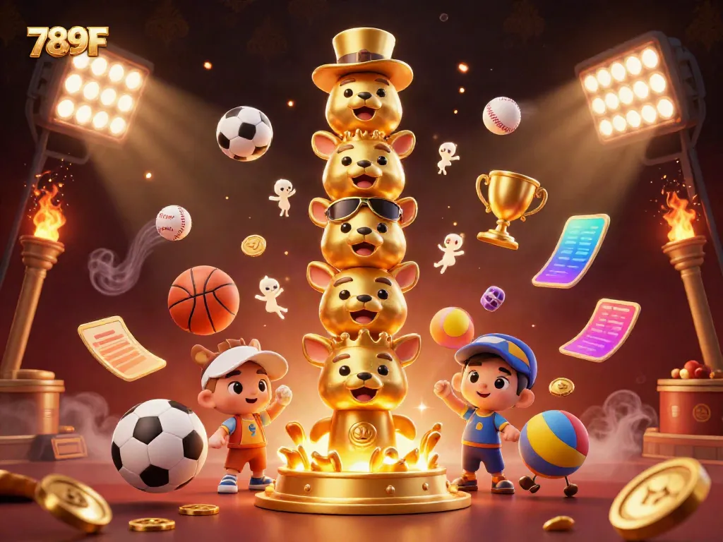 Experience the excitement of 789F's casino world with a vibrant 3D illustration filled with animated game elements.